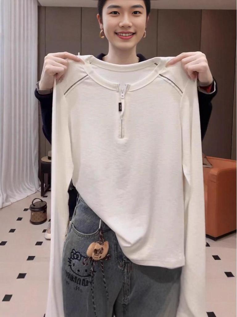 Women's Korean-Style White Half-Zip Long-Sleeve T-Shirt - 2025 Autumn, Loose Fit & Slimming