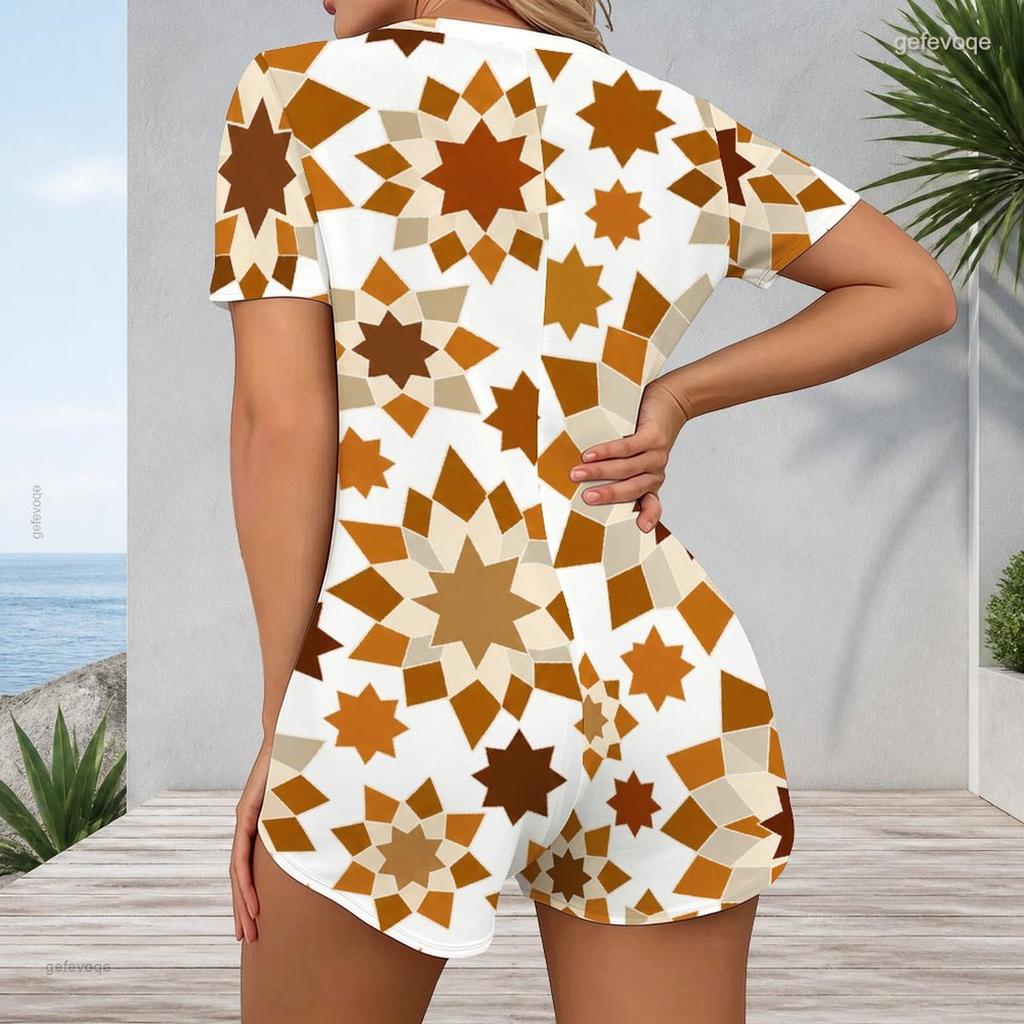 Women Plus Size White Blue Paisley Floral Printed V Neck Short Sleeve Button Front Fitted Romper
