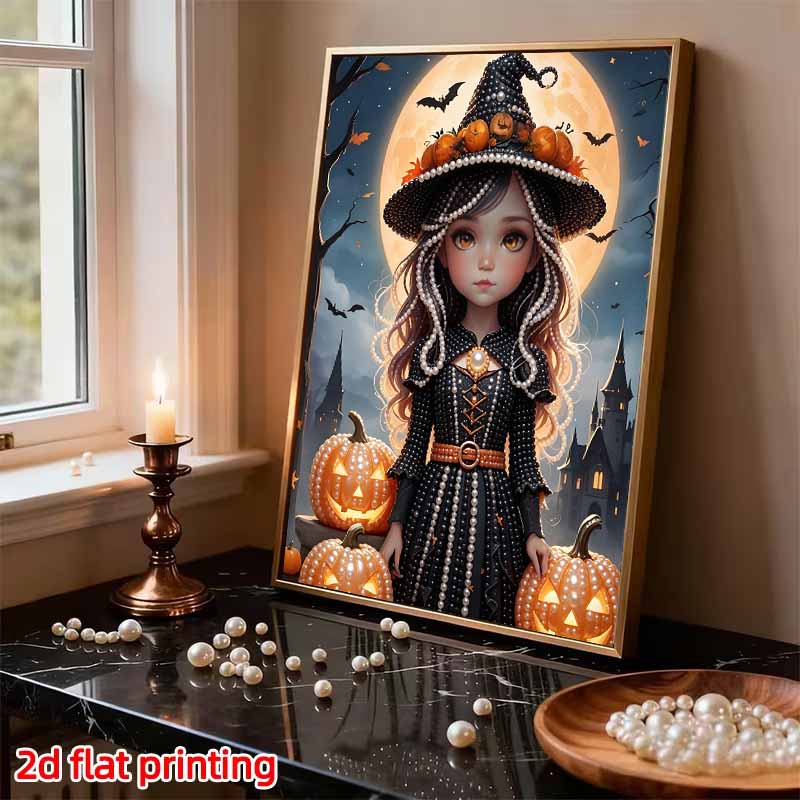 Pearl Painting DIY Kit Frameless Little Witch With Pumpkins Moon Bats Halloween Pattern Shiny Bead Art Canvas Creative Wall Decor Gift Idea