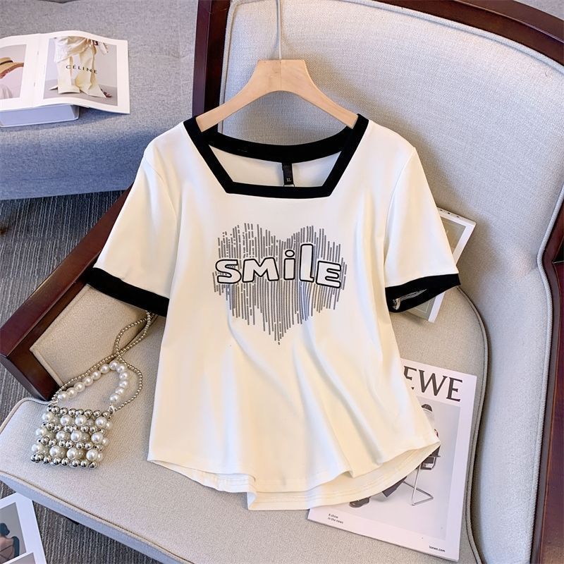 Letter Printing Contrasting Color Splicing Square Neck Short-sleeved T-shirt Summer Fat and Thin Loose Top
