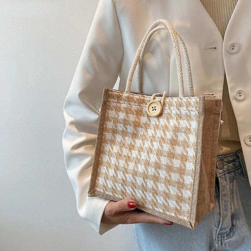 Houndtooth Lunch Bags Mini Tote Bag for Women Mobile Phone Tote Bag Lady Small Linen Casual Handbag Female Portable Shopping Bag
