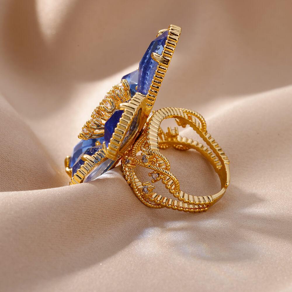 Stainless Steel Blue Zircon Flower Ring For Women Open Adjustable Flower Ring Wedding Aesthetic Jewelry Gift bijoux femme