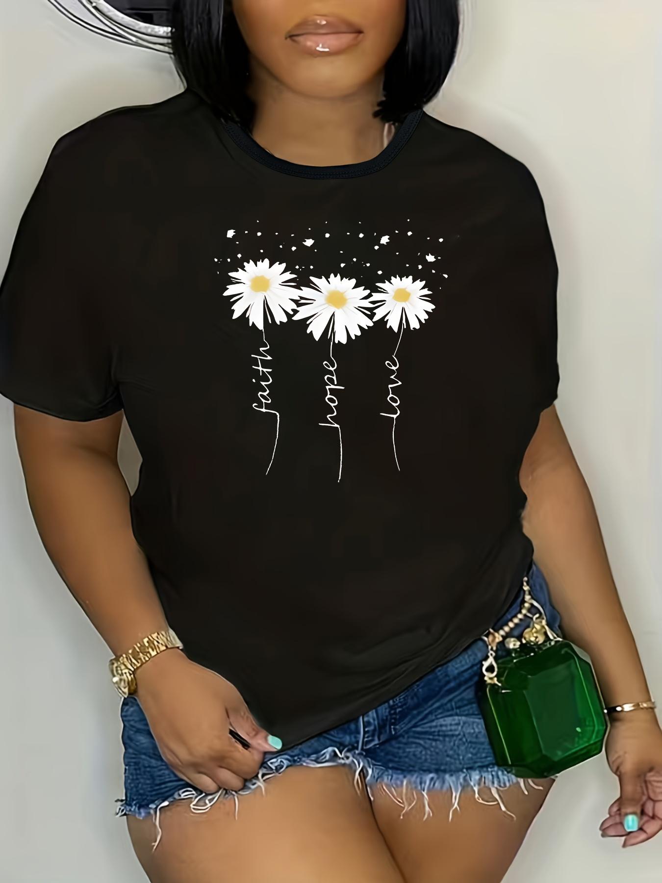 Plus Size - Plus Size - Daisy Print Plus Size Black Women S T-Shirt S