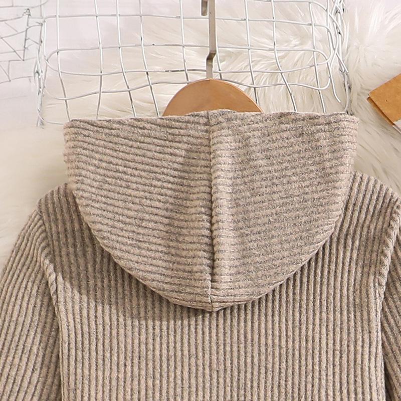 Mädchen Outfit Herbst Winter Neu Gestrickt Gerippt Langarm Kapuzen Reißverschluss Oberteil Mode Schlaghose
