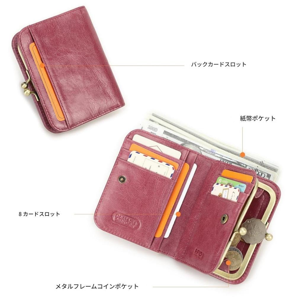 Serie Leather Wallet with RFID 9 Card Coin and Rose Pink Contact's Full-Grain Bi-fold Blocking, Slots, Pocket, Purse, Women's Wallet,