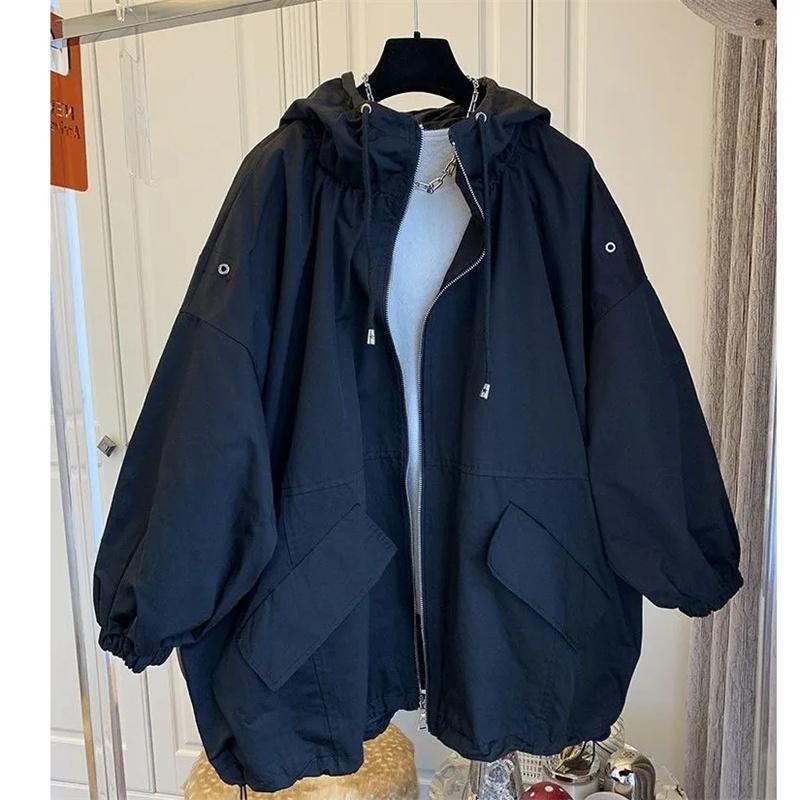 

Корейская мода Однотонная женская весенняя куртка Куртки на все случаи жизни Ветровка с капюшоном Женское пальто XXXXL чёрный