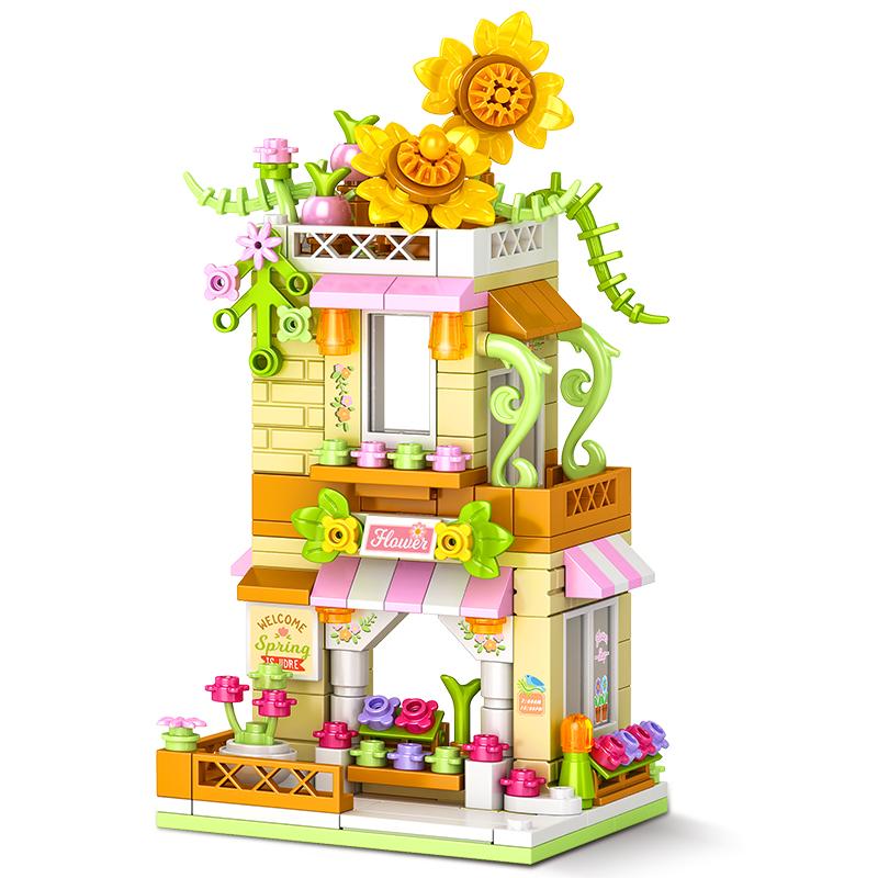 Stadt Bausteine Blumenladen Sonnenblumenladen Hausmodell Set Desktop Deko Kinder DIY Spielzeug Weihnachts- Geburtstagsgeschenk