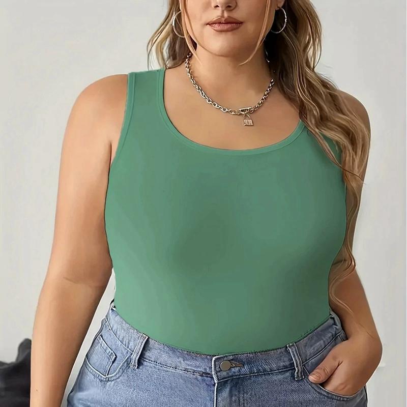 Women Plus Size Solid Color Round Neck Vest Sleeveless Top