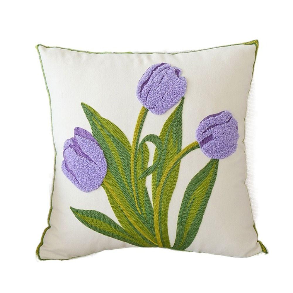 Embroidered Flower Tulip Pattern Pillowcase Square Cushion Cover Spring Throw Pillowcover Sofa/Bed