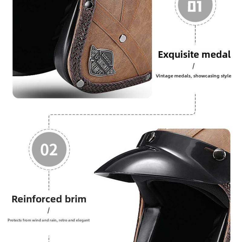3C Vintage 3/4 Half Helmet Electric Motorcycle Summer Pedal Cruise Locomotive Leather Helmet Men and Women