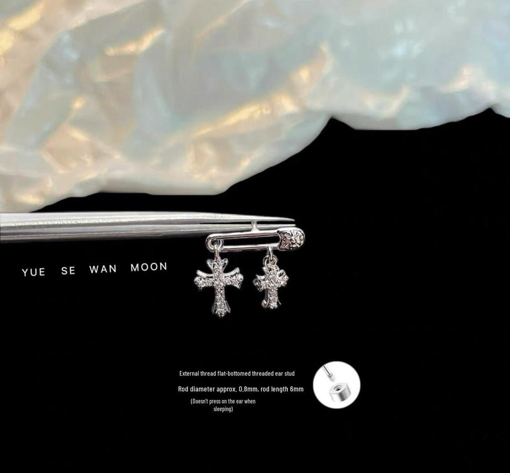 Unisex Silver Cross Helix Ear Cuff In Japanese Korean Style, Titanium Steel Cartilage Piercing Earring.