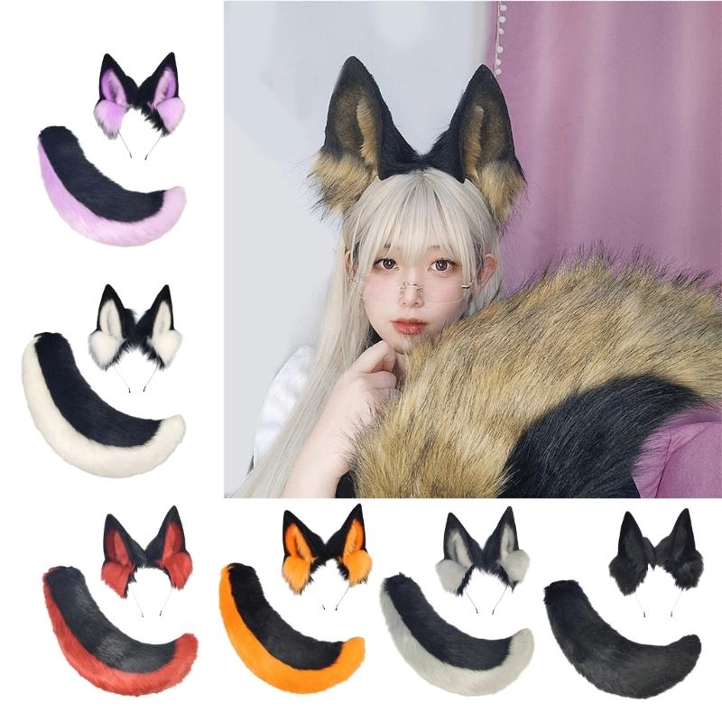 Katzen Kostüm Zubehör Kunstpelz Fuchsschwanz und Ohren Stirnband Set Tier Halloween Cosplay Kostüm für Damen Herren Geschenke