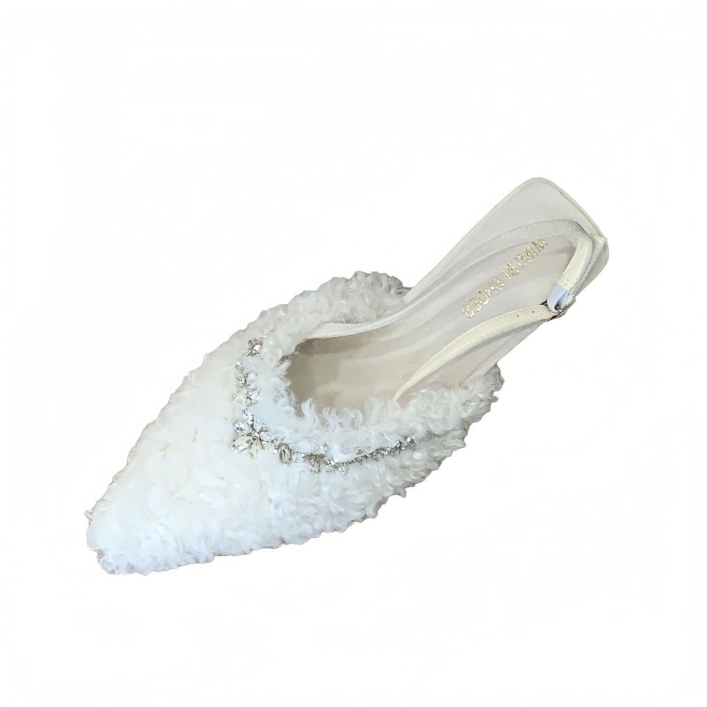 2025 autumn and winter new pointed-toed thin-heeled rhinestone sandals European and American fashion sweet bag head high-heeled fluffy shoes