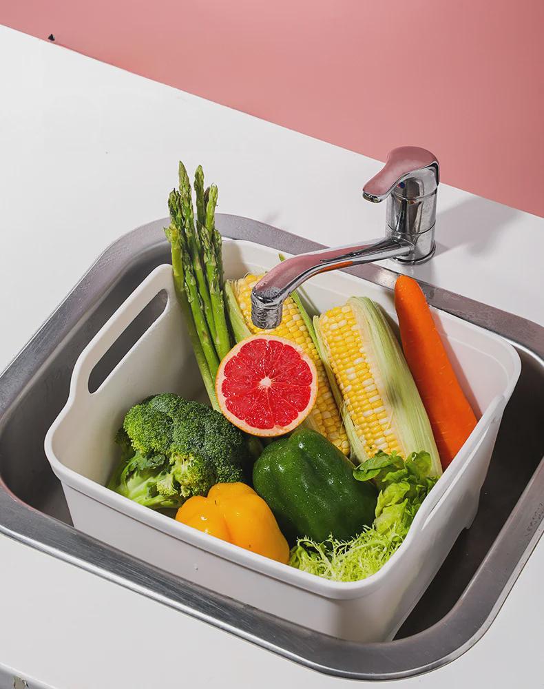 Large Square Water Basin with Floor Drain, Handle, and High Capacity for Vegetable Washing - Portable Plastic Basin