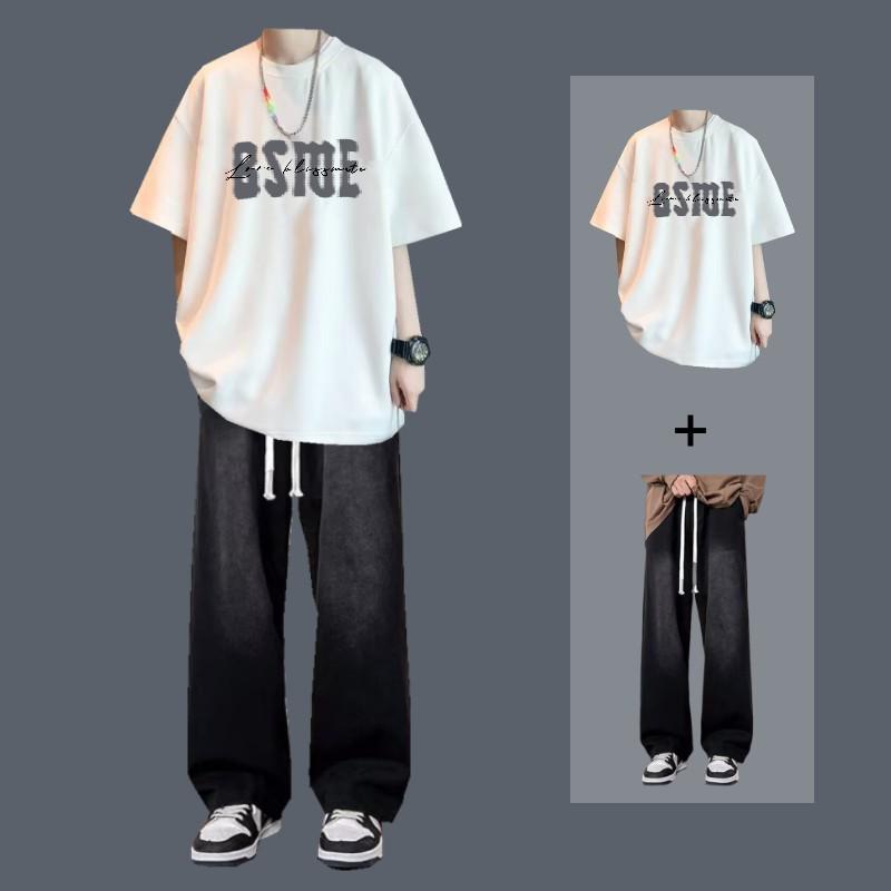 Men's Short-Sleeve T-Shirt and Jeans Set: Trendy Summer Casual Two-Piece Outfit