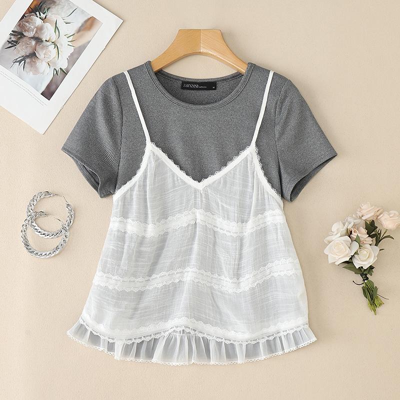 ZANZEA Women Summer Round Neck Patchwork Short Sleeve T-Shirts