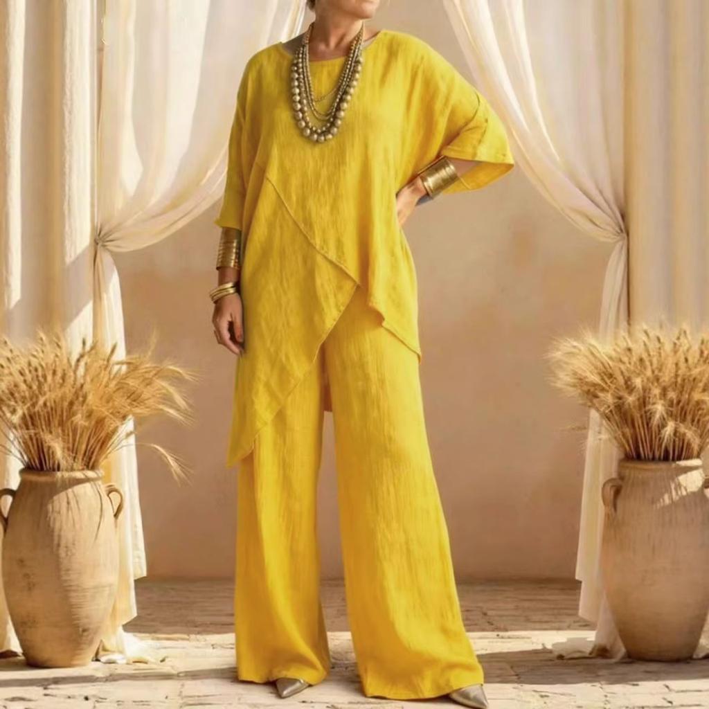 2026 summer European and American cross-border Amazon two-piece women's clothing cotton and linen sleeves loose casual irregular hem set