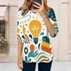 Women Plus Size Round Neck 3 4 Sleeve Printed T Shirt Black Cartoon Stationery Curved Hem