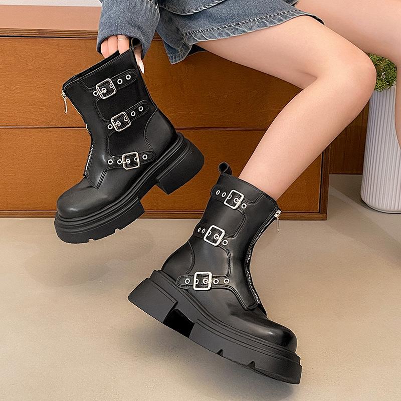 Queen Fan Black British Style Platform Martin Boots Women's 2025 New Autumn Small Man Height Increasing Skinny Short Boots