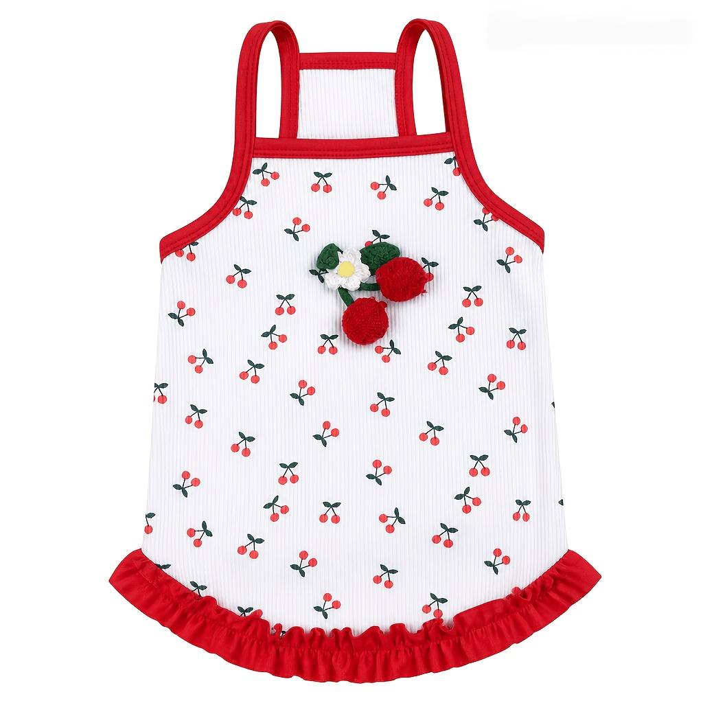 1Pc Pet Outfit, White Vertical Ribbed Sleeveless Camisole Vest with 3D Cherry Flower Red Ruffle Hem for Small Dogs and Cats