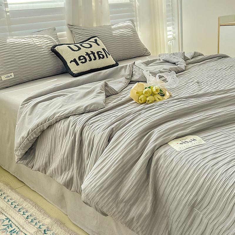 Korean Style Seersucker Washed Cotton Summer Quilt Four-Piece Set Bare Sleeping Quilt Summer Blanket Airable Cover