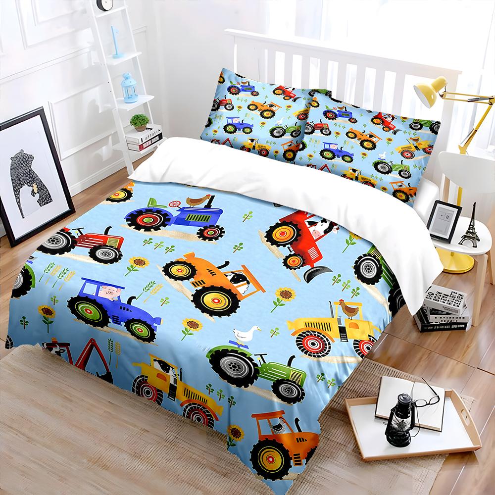 Colorful Tractors With Animals Bedding Set For Kids Luxury Gift 3Pcs Digital Print Comforter Set Soft Comfortable Breathable