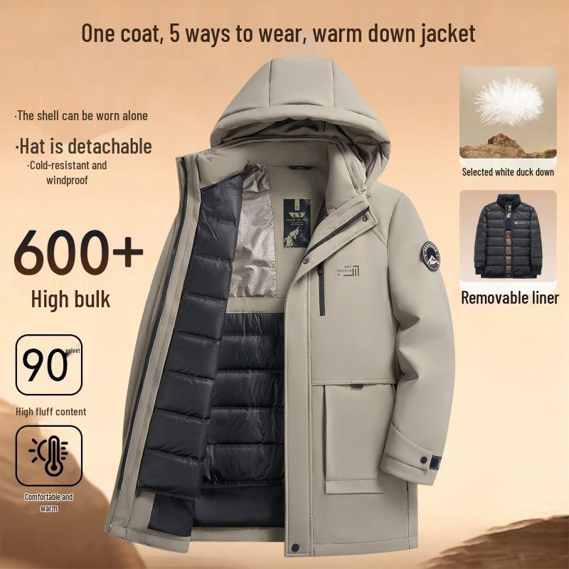 Men's Mid-Length Fitted Down Jacket with Detachable Liner - Business Casual Winter Wear