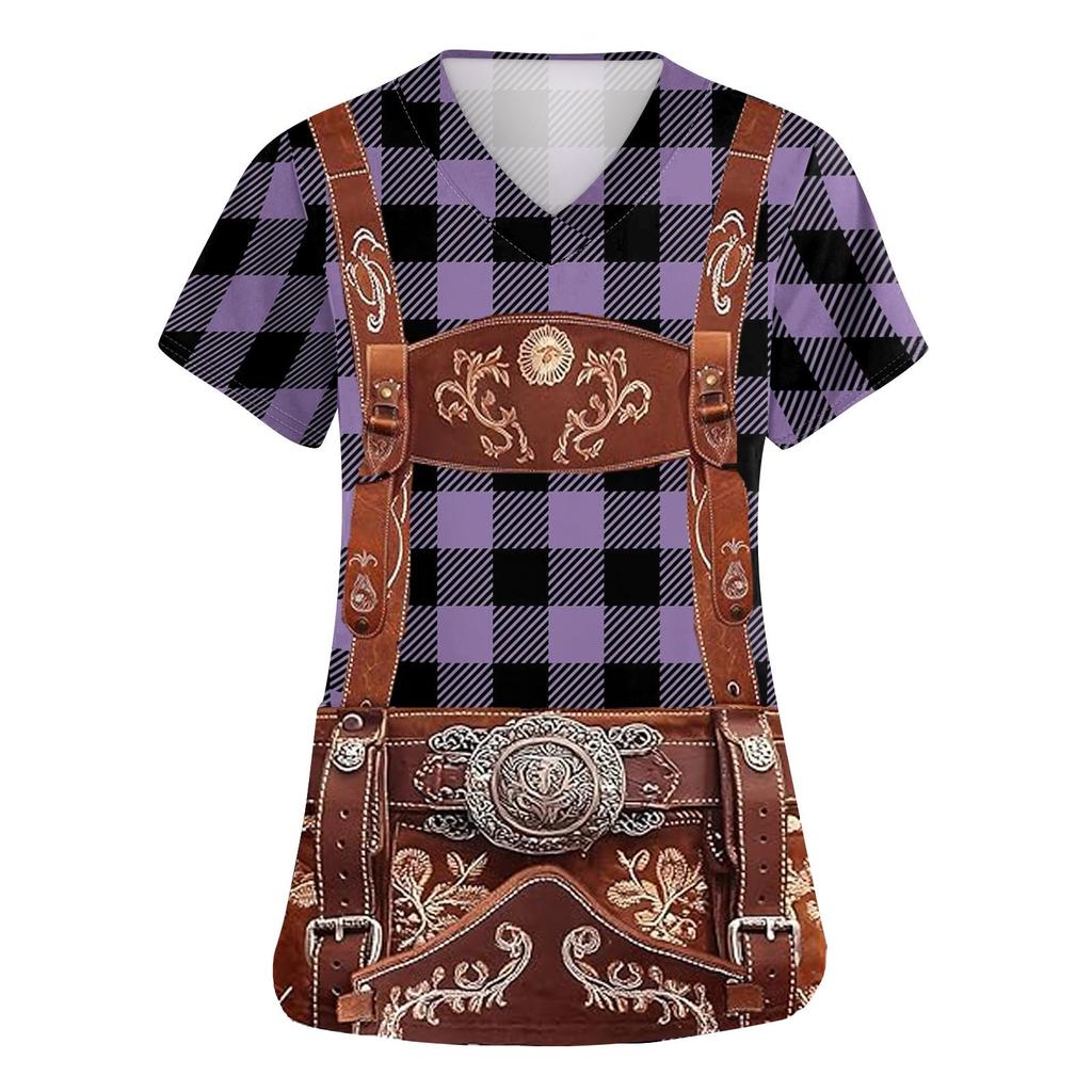 Women's V Neck Short Sleeve Work Shirt with Pockets Oktoberfest Print Top for Healthcare and Service Uniforms Lightweight Comfortable Fit