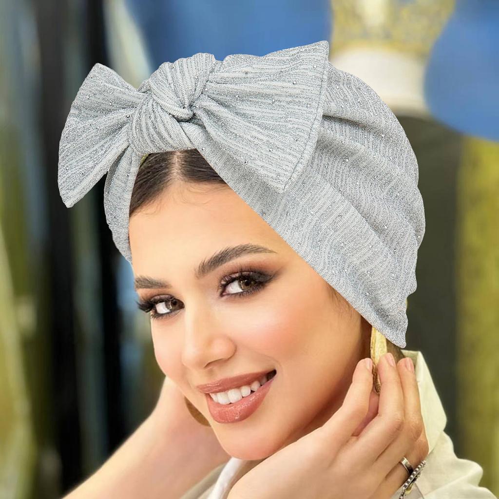Shiny Silk Big Bow Turban Hat for Women Fashionable Headscarf with Sparkling Rhinestone Embellishments