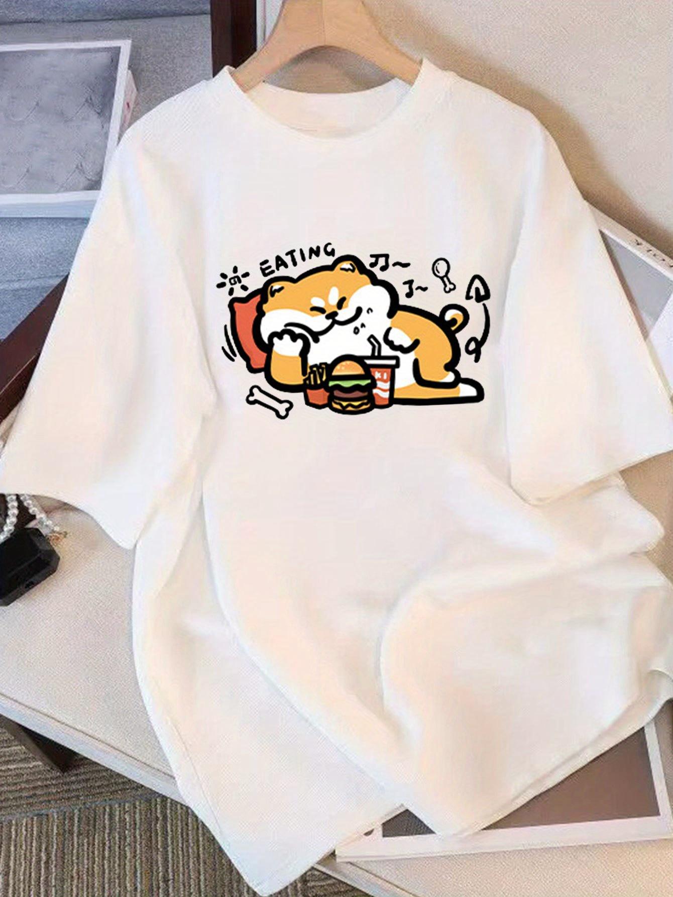 WomenS Summer Crew Neck TShirt Eating Cartoon Cat Design Cartoon Cat Graphic Comfortable Fit Cute T Shirts Aesthetic Clothes S