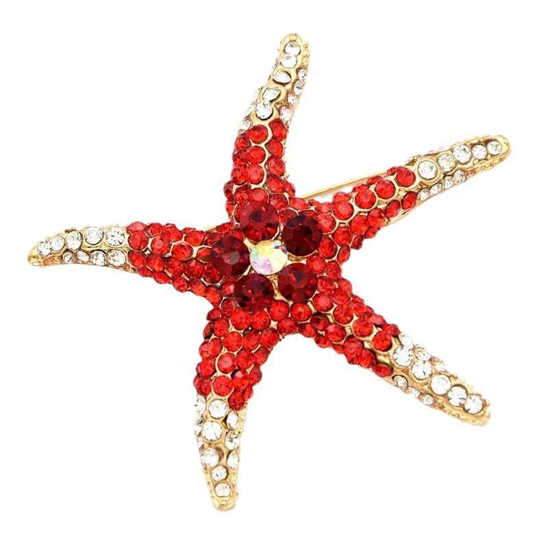 Korean Marine Life Brooch: Starfish & Shell Pin with Metal, Diamond, & Pearl Accents