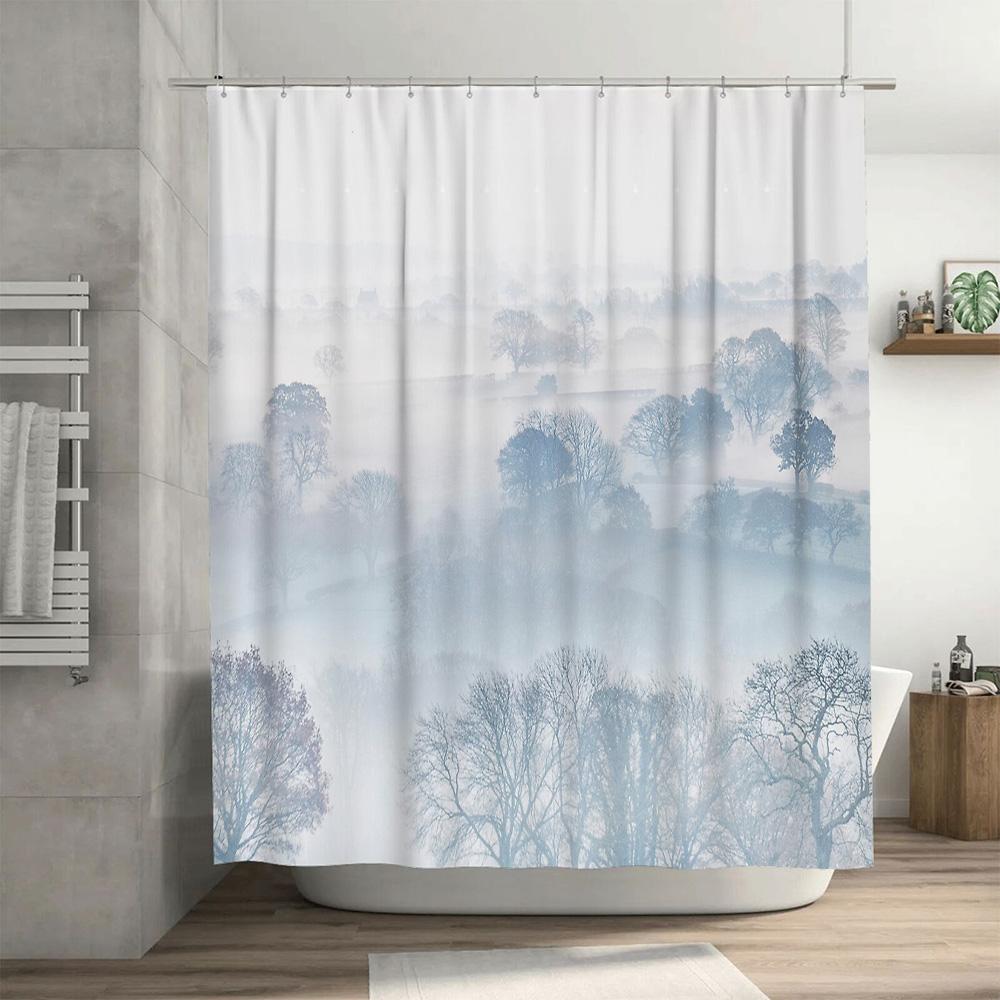 Blue Forest Shower Curtain Nature Trees Landscape Backdrop Washable Bathroom Decor Rustic Woodland Shower Liner Vintage Home Tex
