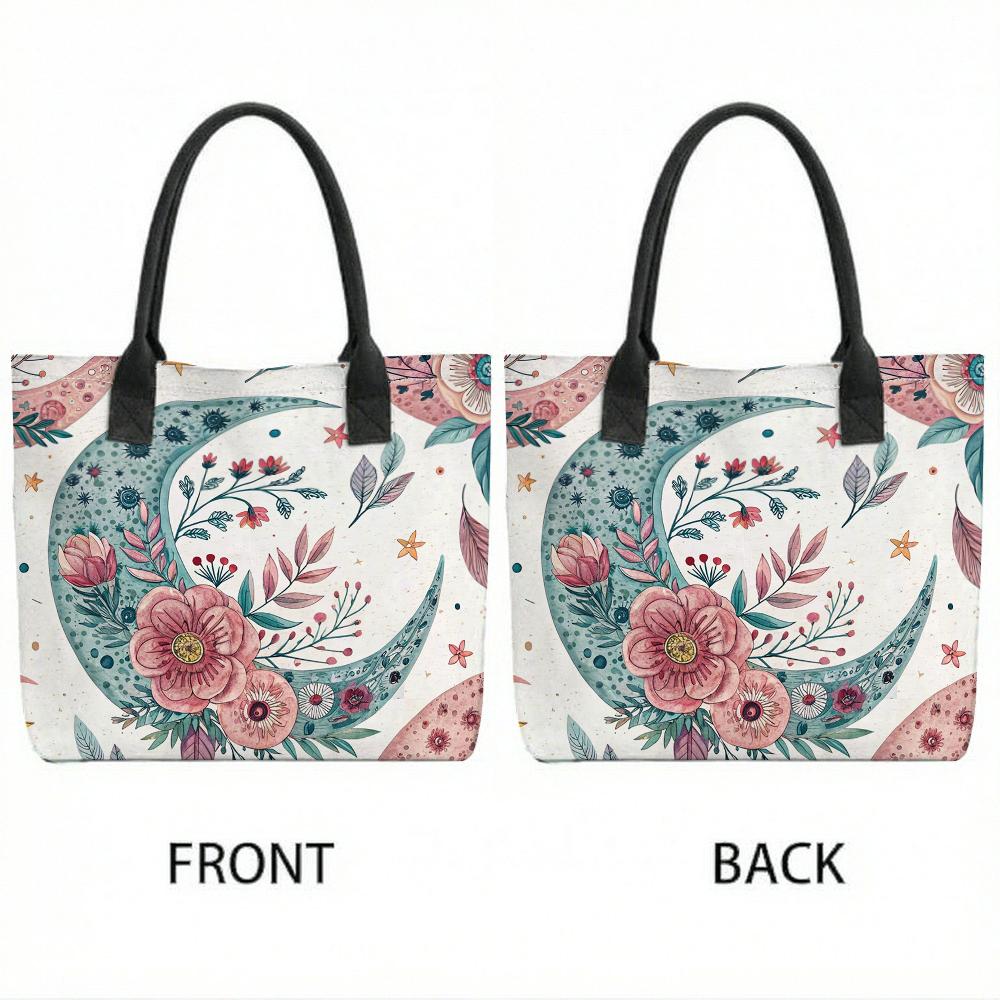 Boho Floral Moon Printed Canvas Tote Bag