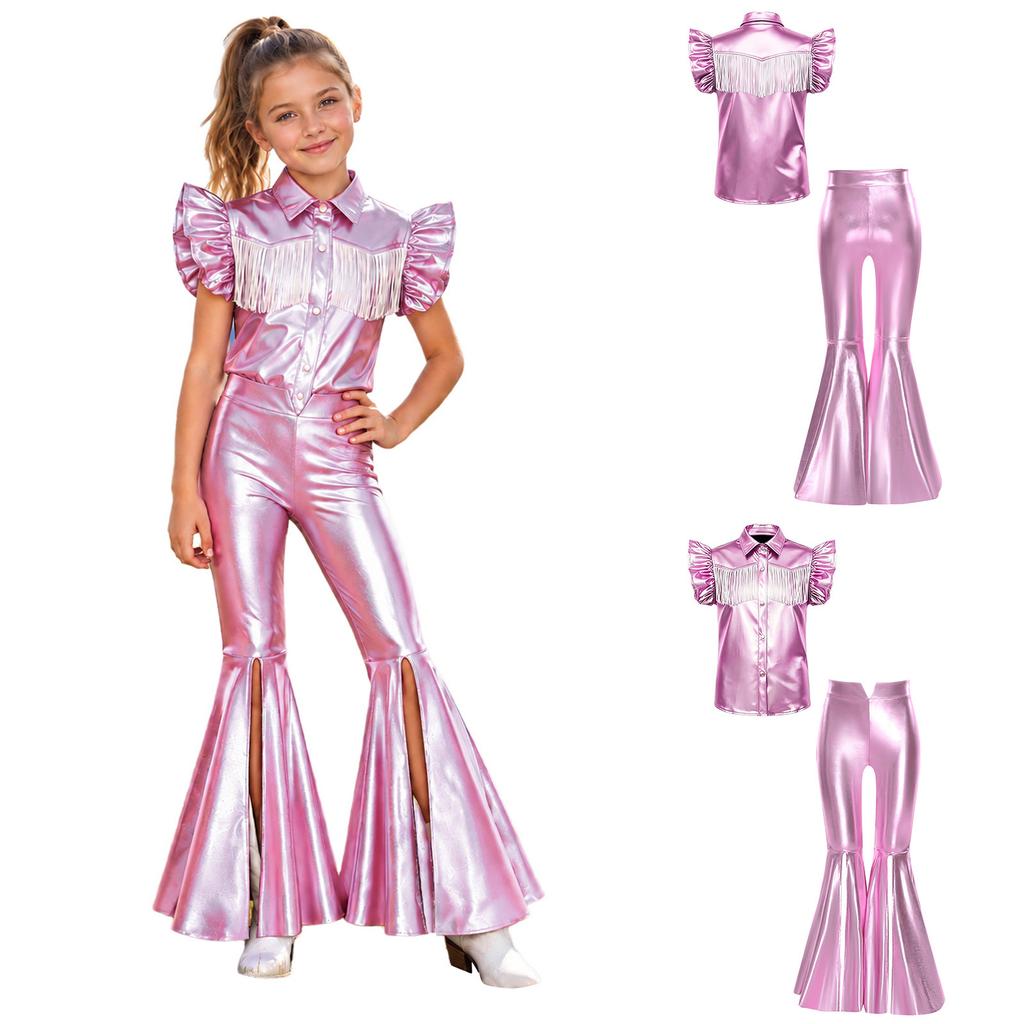 Kinder Mädchen Cowgirl Verkleidung Outfit Rüschenärmel Umlegekragen Quaste Metallisches Oberteil mit Schlitz Schlaghosen Metallische Hosen für Party