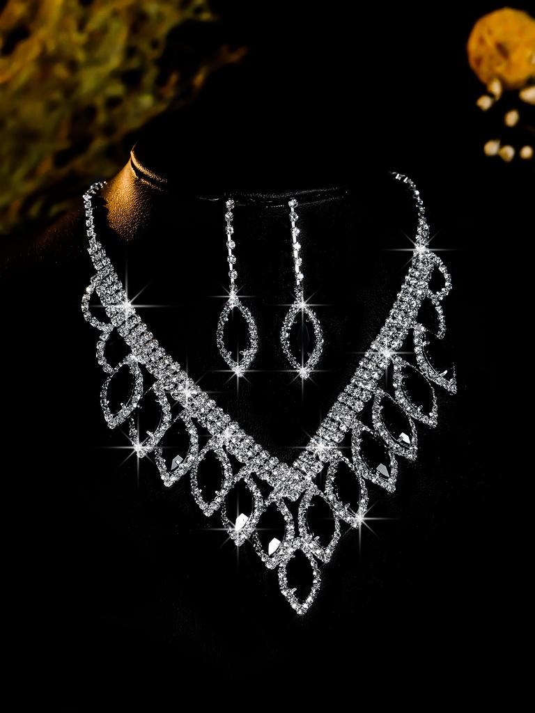 Conjunto de Colar e Brincos de Diamante de Luxo Acessórios para Festa Vestido de Casamento Jantar Corrente de Colar e Brincos de Strass da Moda para Meninas