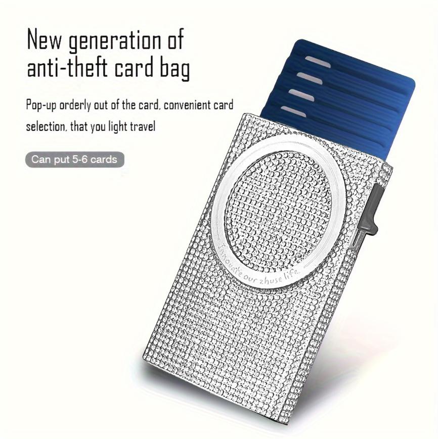 Women's Minimalist Aluminum Alloy Wallet, Magnetic Automatic Side-thrust Pop Up Card Holder With Anti-theft Brush Blocking