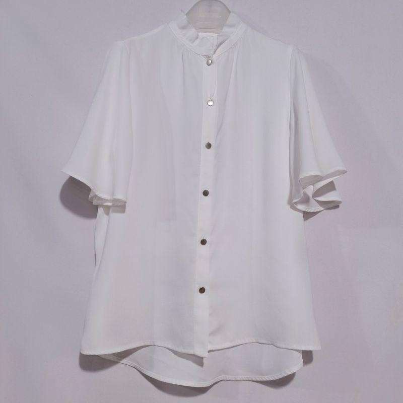 Export Japanese Original Cut Label Stand Collar Ruffled Flare Sleeve Short Sleeve Shirt Accessible Luxury Fancy Professional Bottoming Shirt