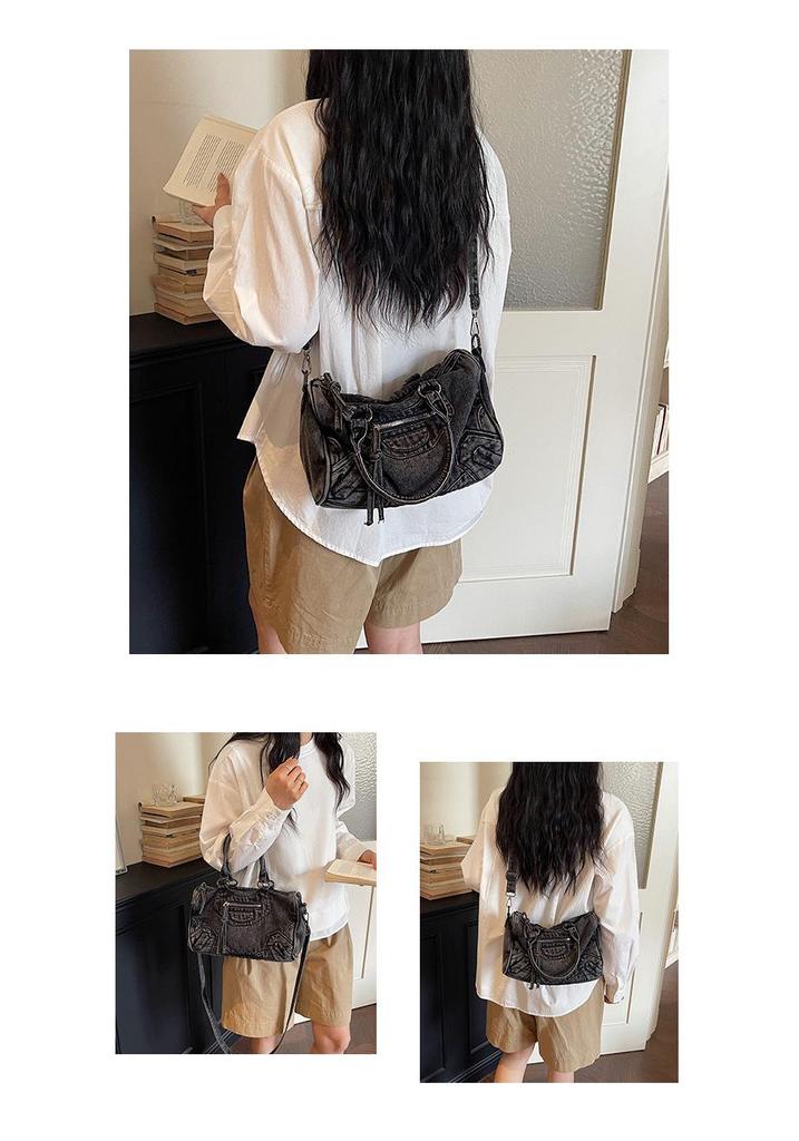 2026 Retro Denim Motorcycle Bag with Patchwork and Rivet Decoration – Crossbody, Shoulder, Handbag