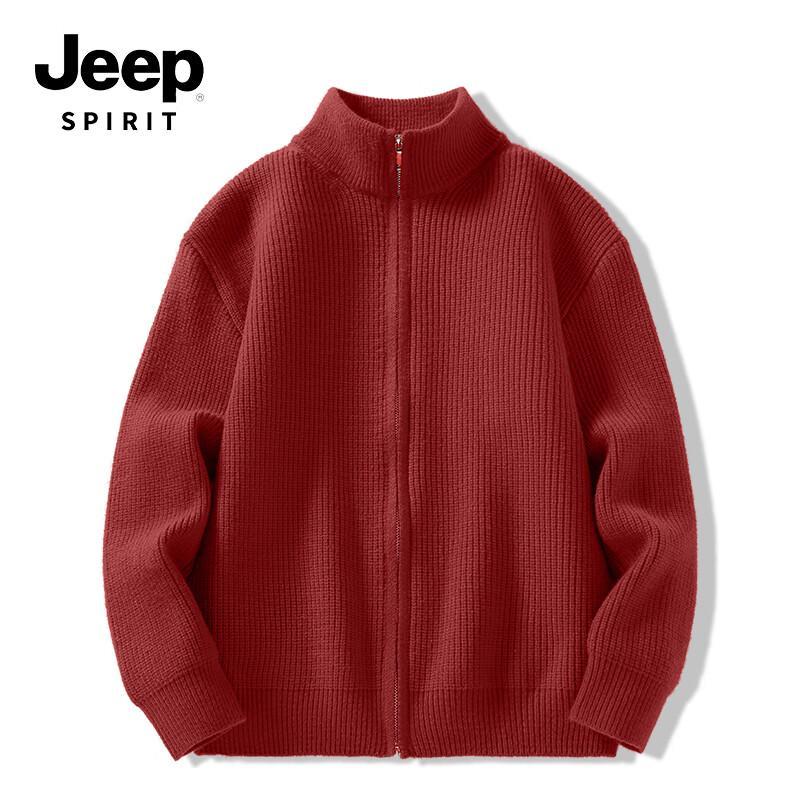 JEEP SPIRIT Men's Thickened Winter Red Knit Sweater