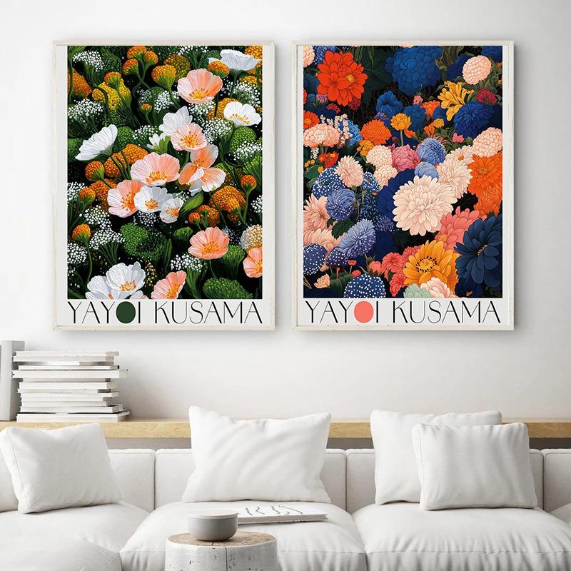 Japan Yayoi Kusama Inspired Botanical Tokyo Museum Poster Japandi Colorful Floral Artwork Canvas Painting Wall For Home Decor