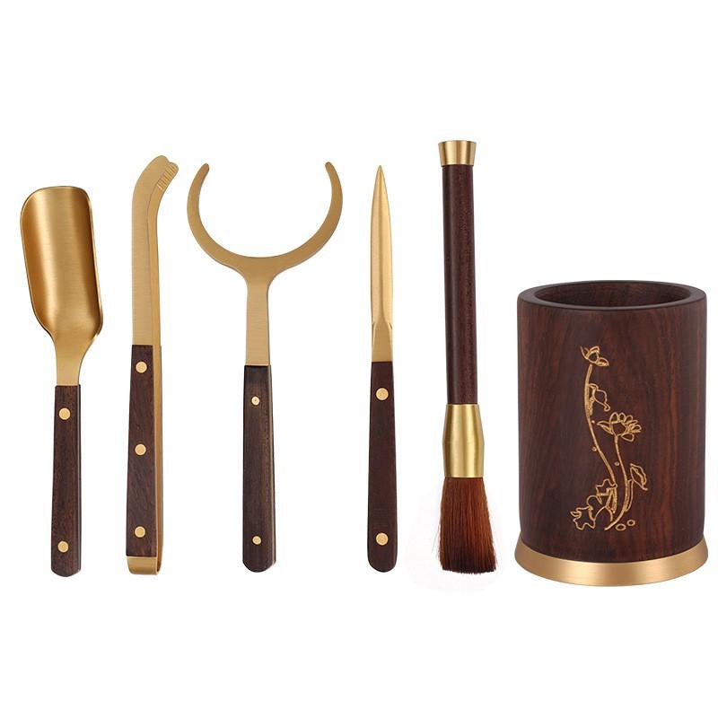 Wooden Tea Tools Set With Brass Accents Chinese Gongfu Accessories Puer Ceremony