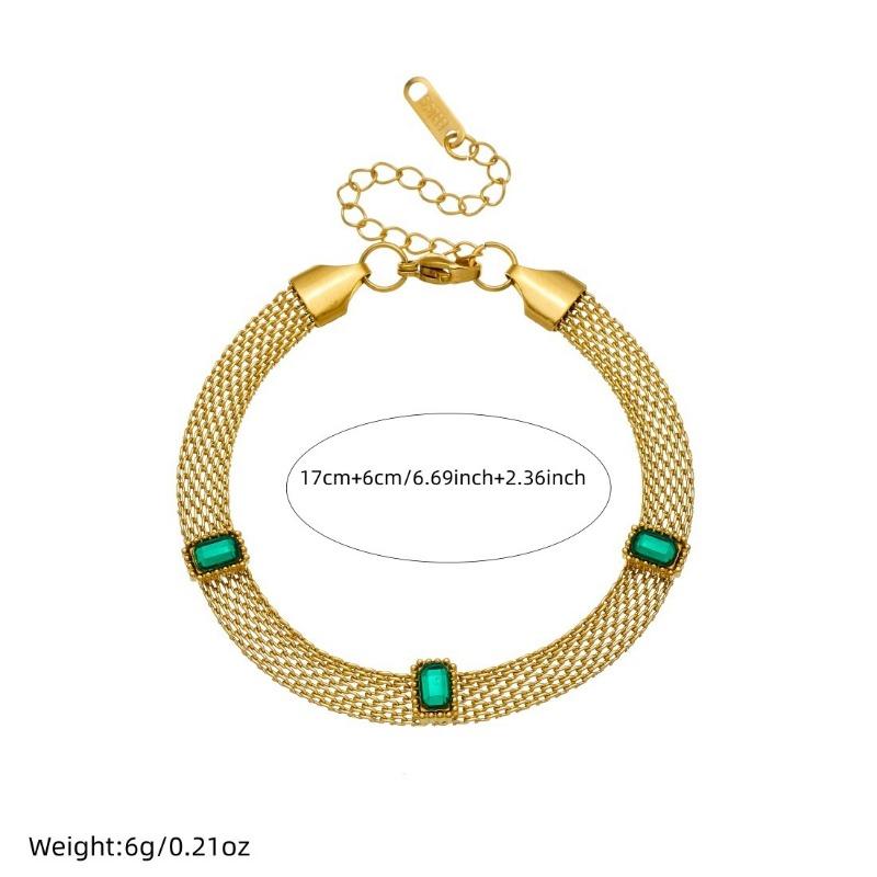 Gold Plated Multi-Strand Mesh Bracelet with Emerald CZ, Dainty Curb Chain Bracelet with Green Stone Charms, Luxury Jewelry for Women Gift