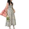 Mori blue floral flying sleeve dress women's summer new sweet pleated waist medium and long skirt