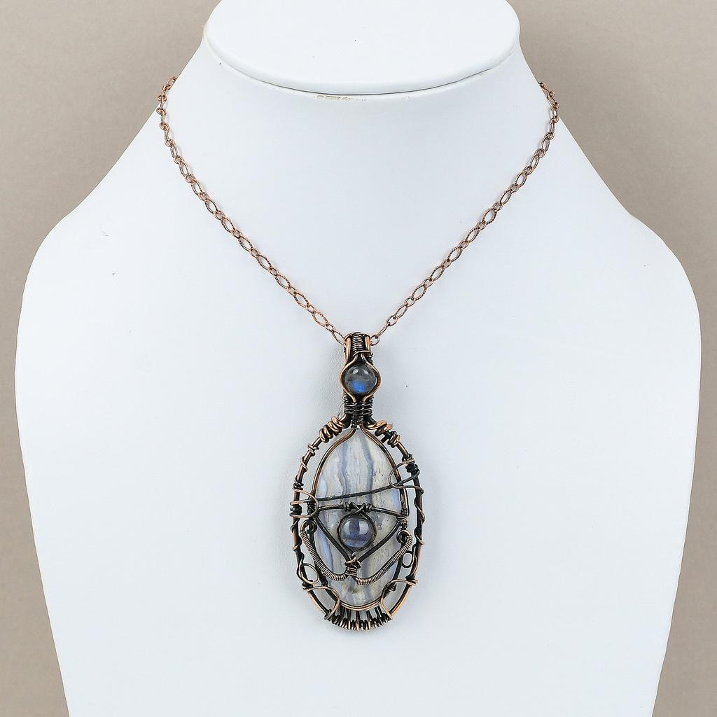 Blue Lace Agate,Labradorite Gemstone Copper Wire Wrap Jewelry Pendant 2.95"