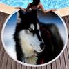 Cute Husky Pet Dog Round Beach Beach Towel, Soft Absorbent Quick Dry Circle Swim Towel with Tassels Roundie Yoga Mat Picnic Rug