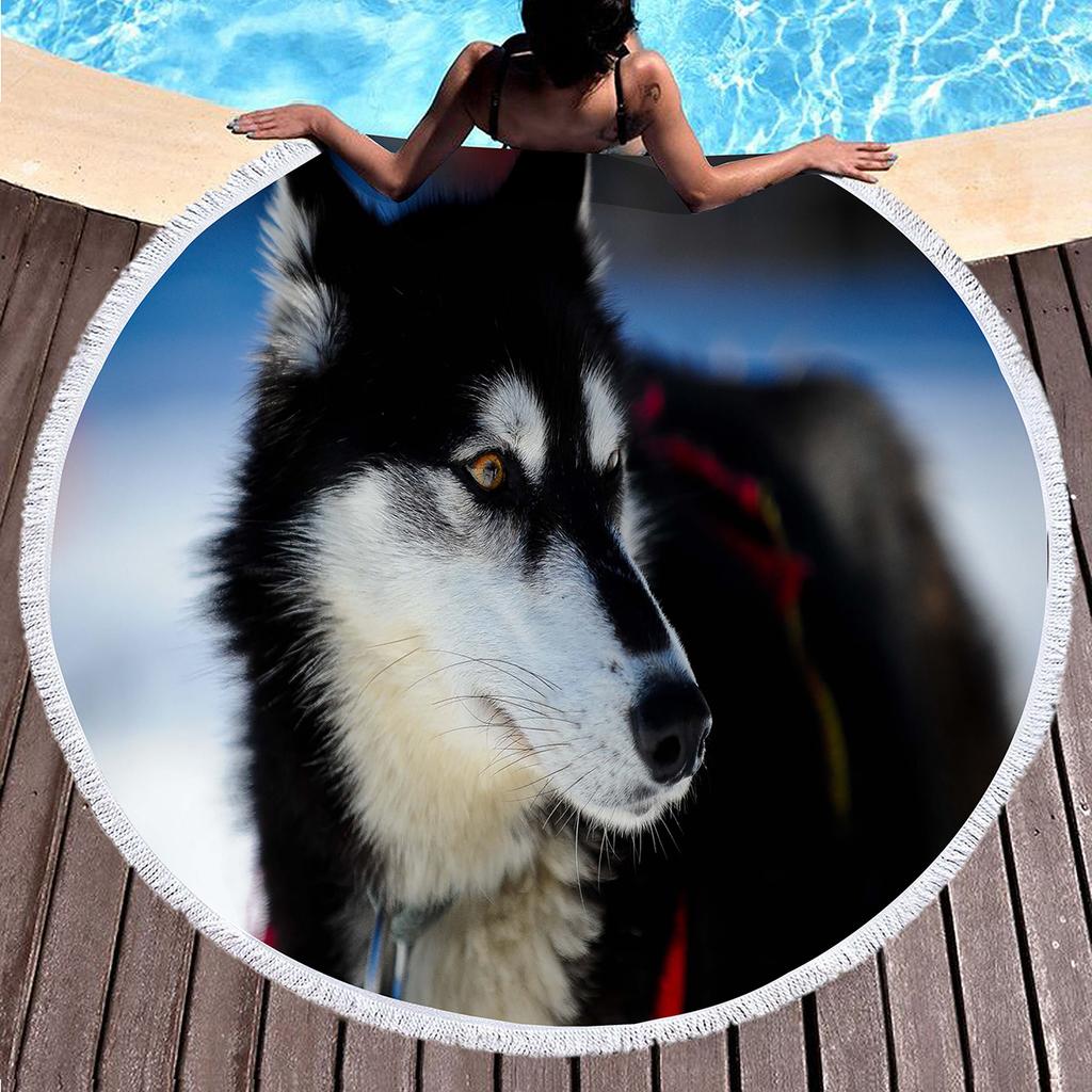Cute Husky Pet Dog Round Beach Beach Towel, Soft Absorbent Quick Dry Circle Swim Towel with Tassels Roundie Yoga Mat Picnic Rug
