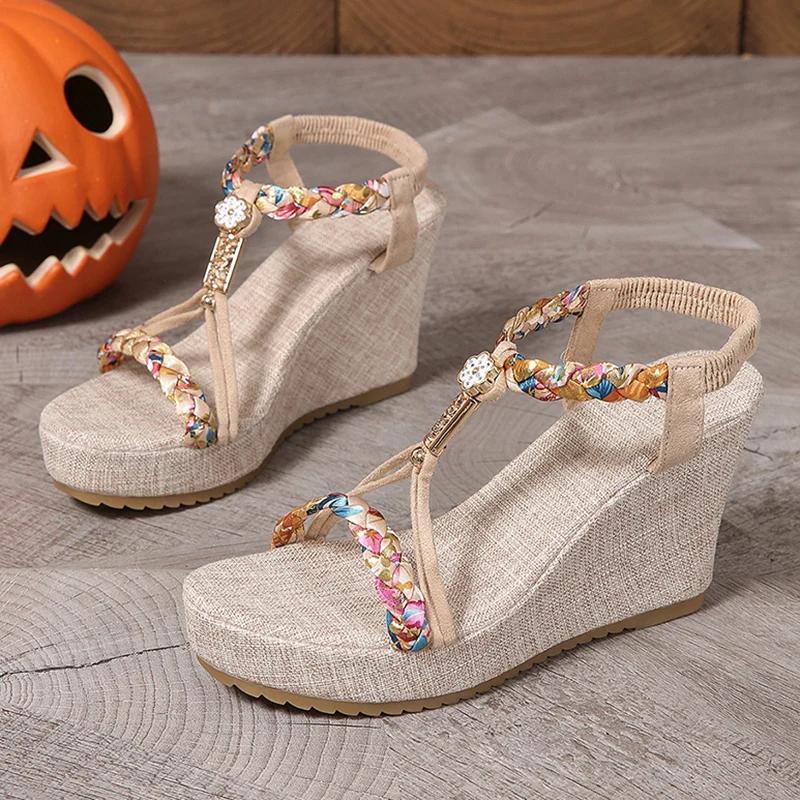 

Fashion Bohemia Woven Band Wedge Sandals Women Summer Non Slip Thick Bottom Gladiator Sandalias Mujer Slip On High Heel Sandles Woman 43 бежевый