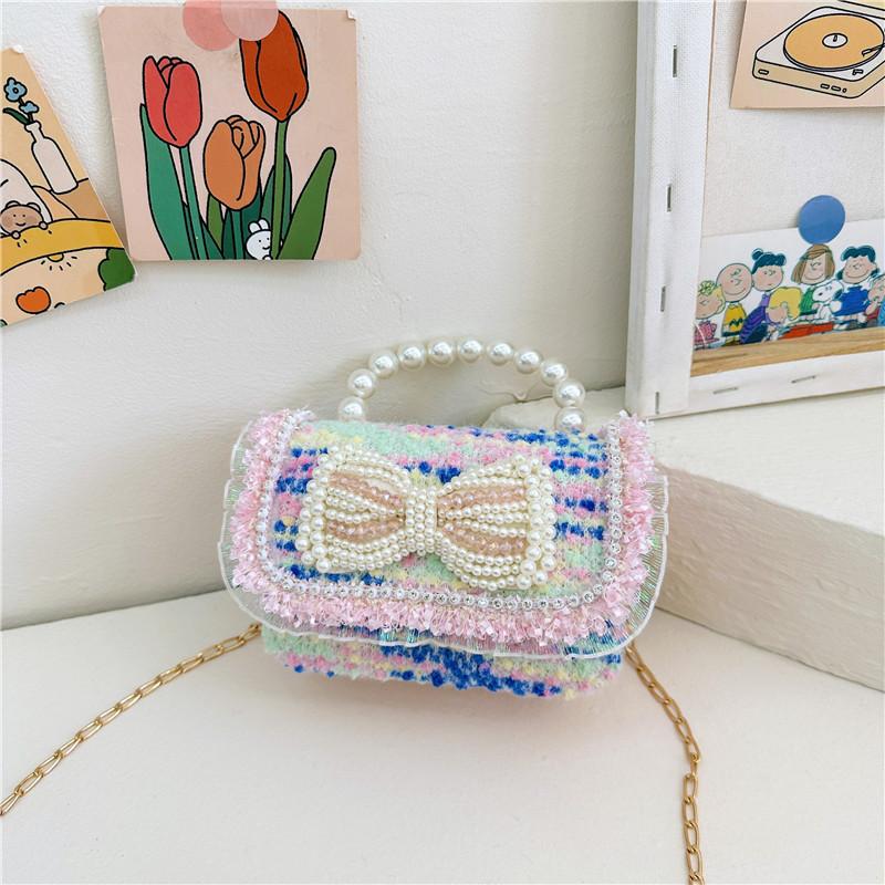 Colorful Sequin Kids Bag With Bowknot Stylish Pearl Handle Mini Crossbody Bag