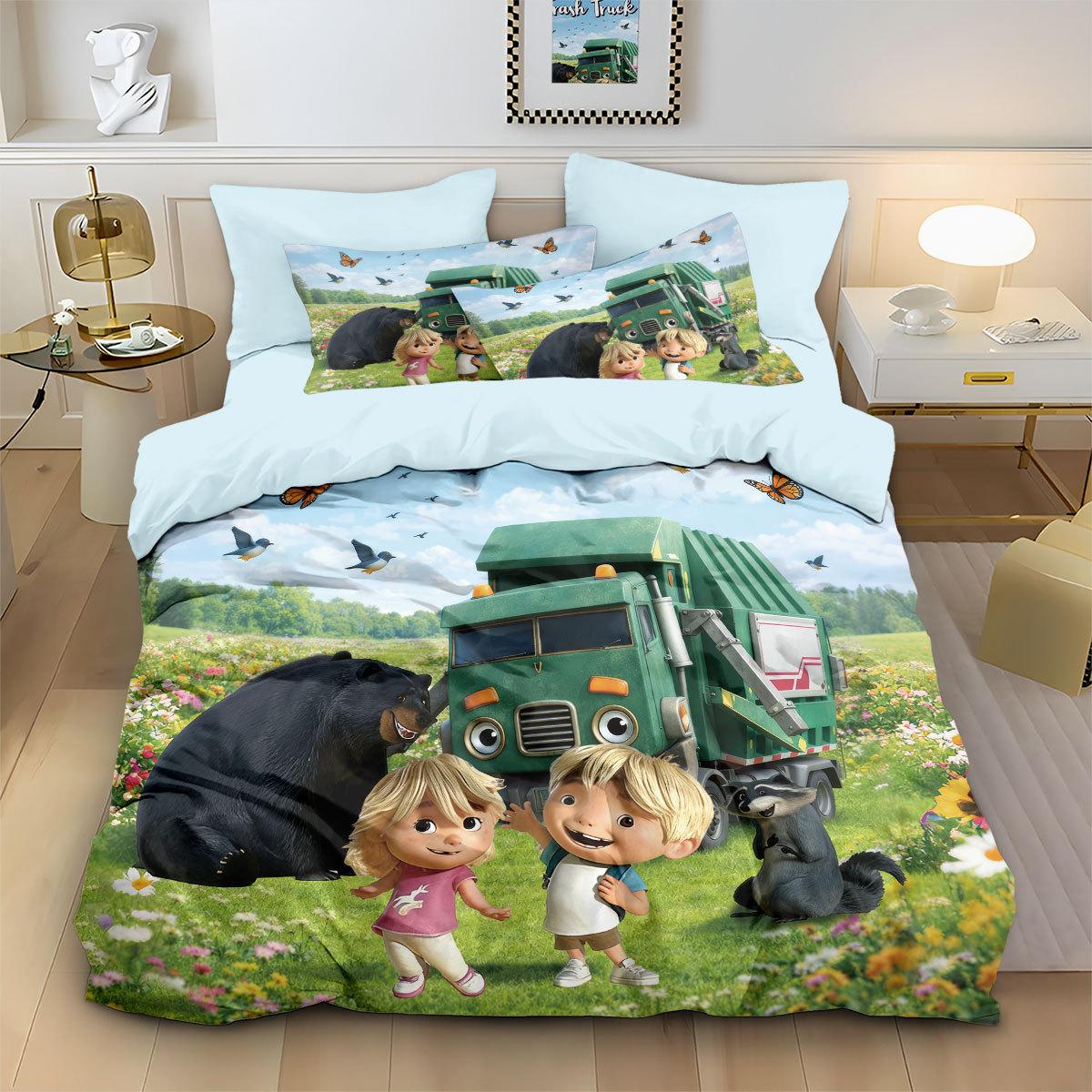 Junge Mädchen Bettwäsche Set Kissenbezug Müllwagen Bettbezug Steppdecke Bett Mädchen Jungen Geschenk Einzel Doppel Große Größe 100x135cm-2pcs gray