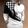 Stylish Long Sleeve Polo Shirt, Checkerboard Graphic, Zip Collar Design